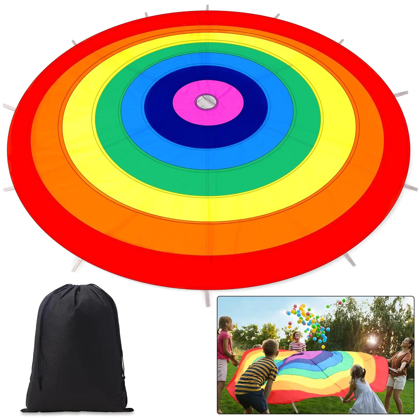 DaisyInner Parachute Toy with Handles Play Rainbow Parachute with Storage Bag Gym Parachute for Speed Training Outdoor Cooperative Team Games Playground Activities(Arc8 Feet)