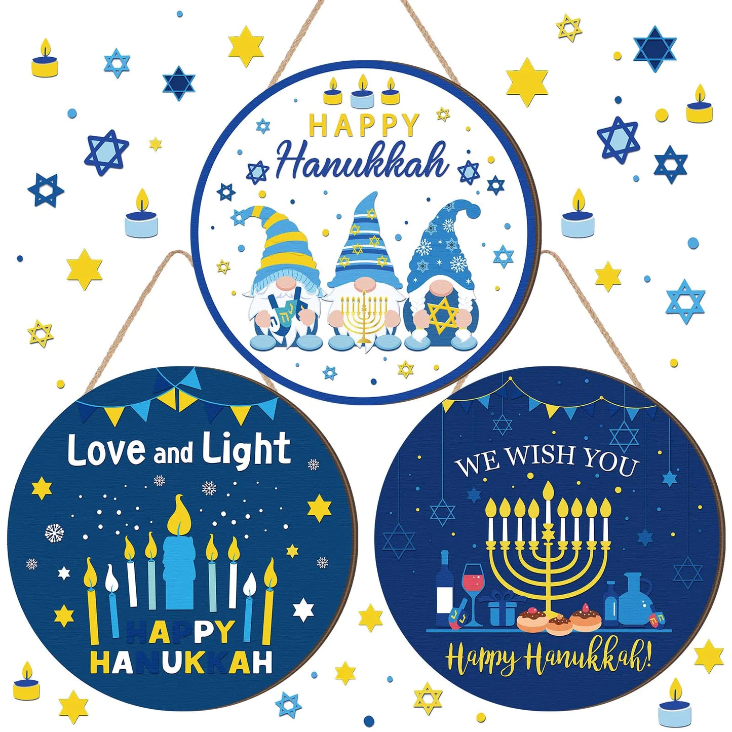 Blosssound 3 Pcs Hanukkah Front Door Sign Round Hanukkah Hanging Ornament Hanging Wooden Plaque Decoration Chanukah Party Wall Sign Hanger for Farmhouse Home Living Room Birthday Party Supplies