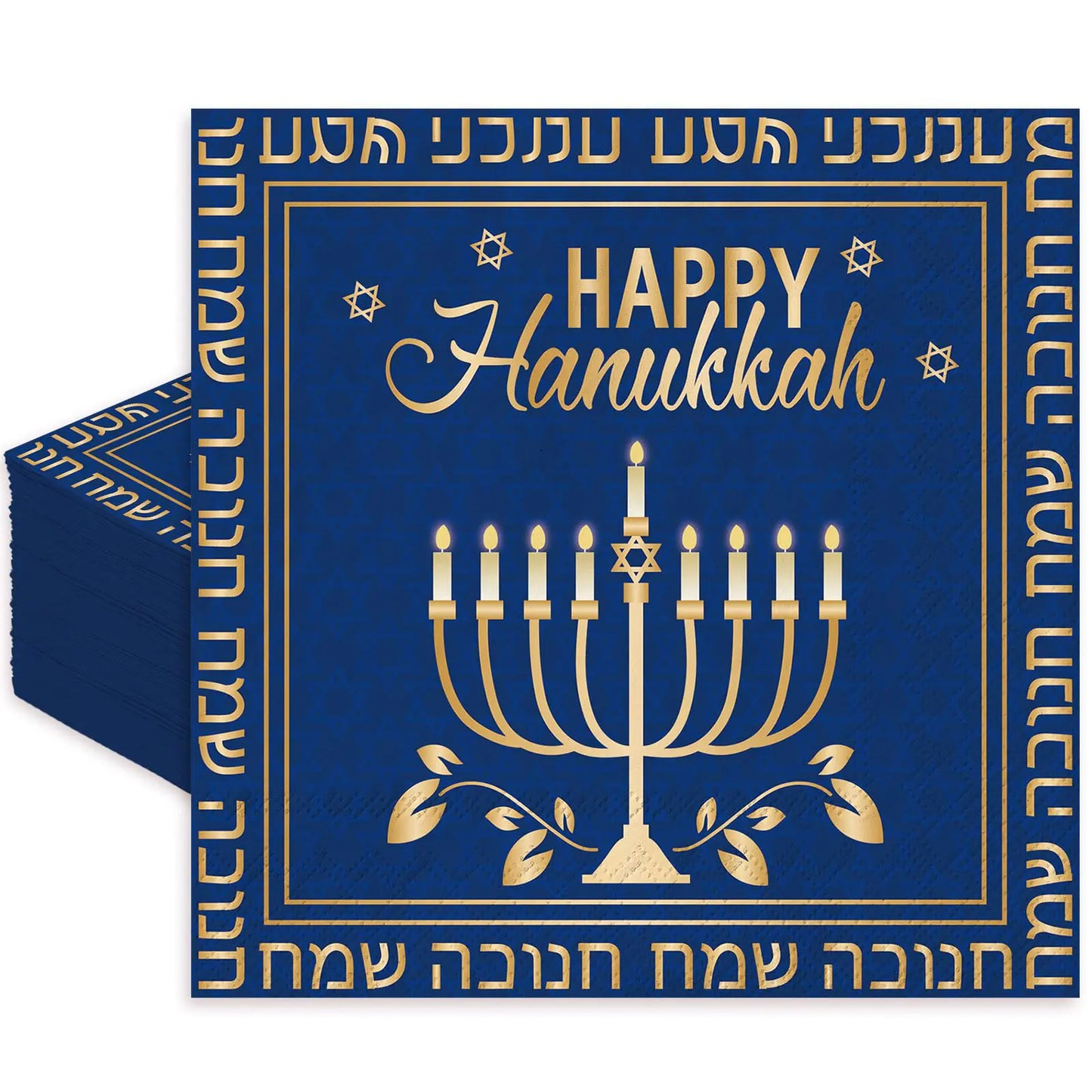 JarThenaAMCS 50Pcs Happy Hanukkah Cocktail Napkin Blue Menorah Star Disposable Paper Napkin Chanukah Drink Beverage Napkin for Winter Party Table Decor