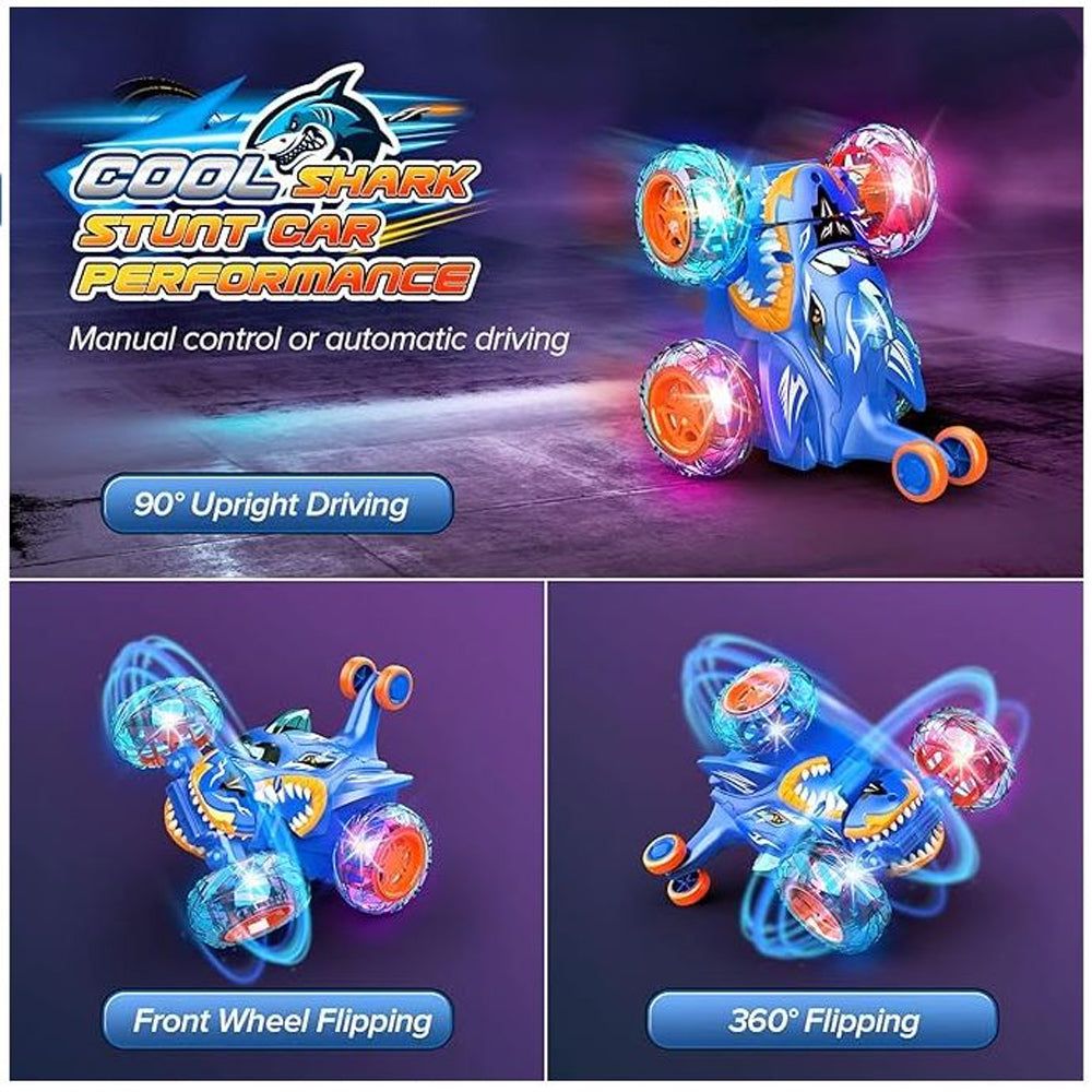 Remote Control Stunt Car Shark RC Kids Toy Outdoor 360° Rotating Boys and Girls - Blue