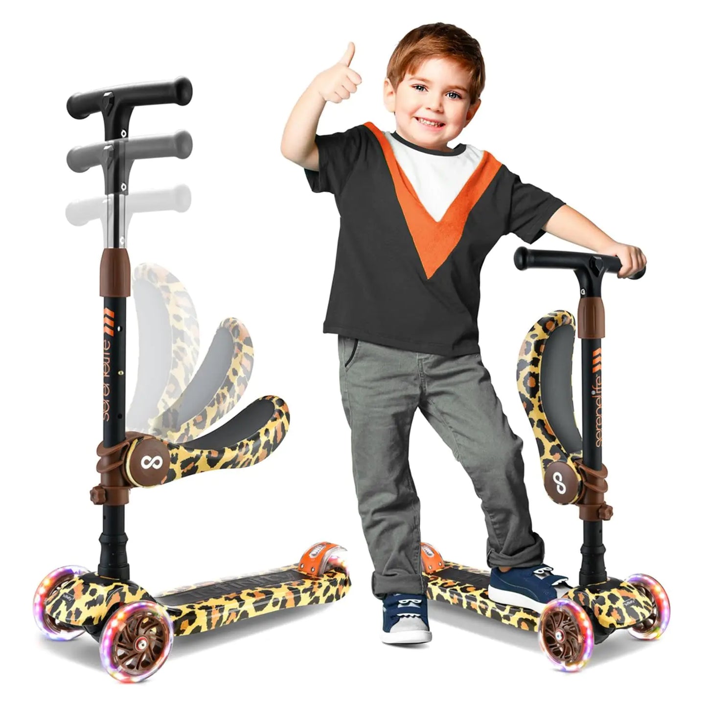 SereneLife 3 Wheeled Scooter for Kids - 2-in-1 Sit/Stand Child Toddlers Toy Kick Scooters w/ Flip-Out Seat Adjustable Height Wide Deck Flashing Wheel Lights for Outdoor Fun - SLKSLP5 (Leopard)