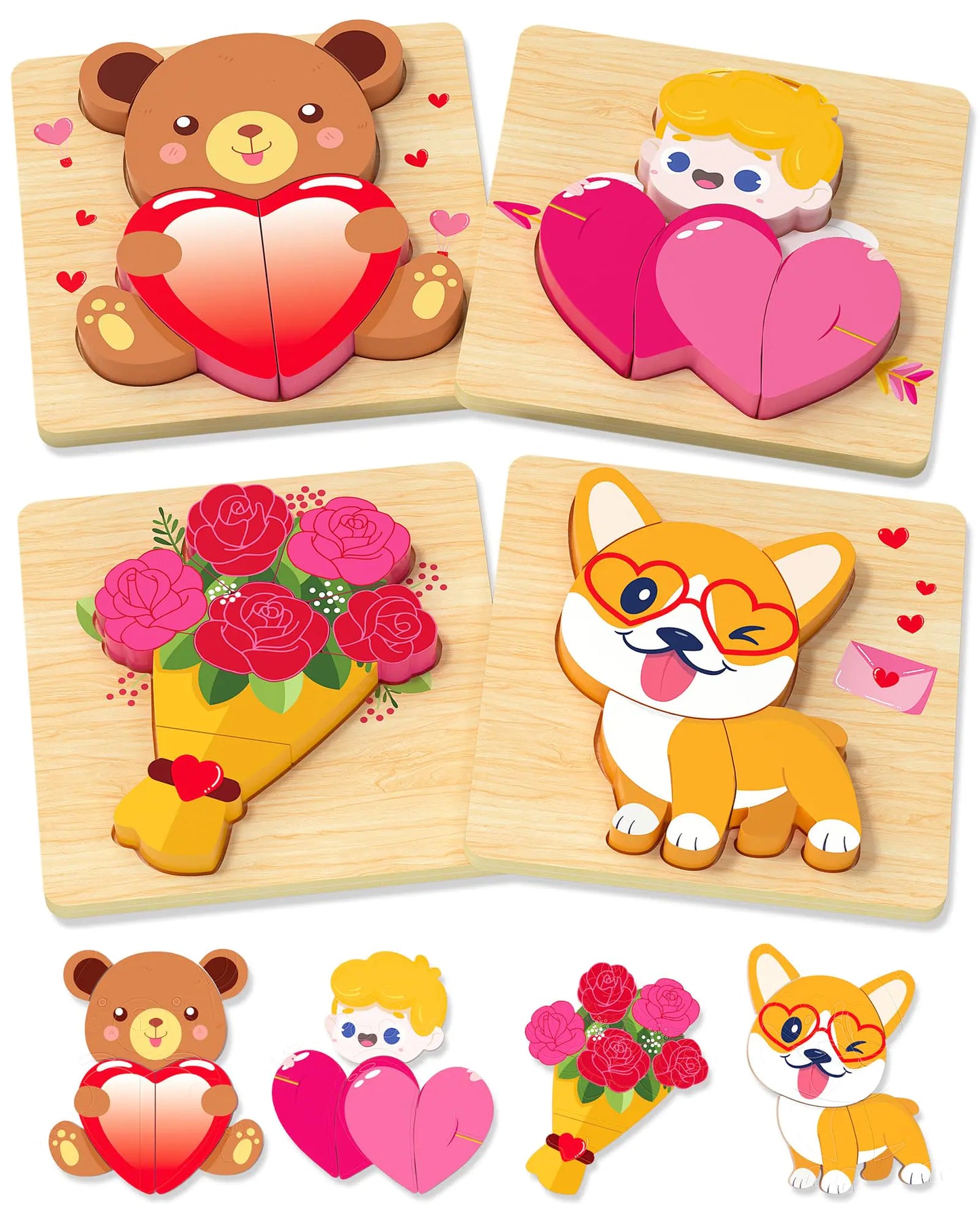 Benresive Valentines Day Wooden Toddler Puzzles Ages 1-3 Montessori Toys for 1 2 Year Old Boys Girls 4 Pack Valentines Day Toddler Toys Birthday Gifts for 1 2 Year Old Boys Girls