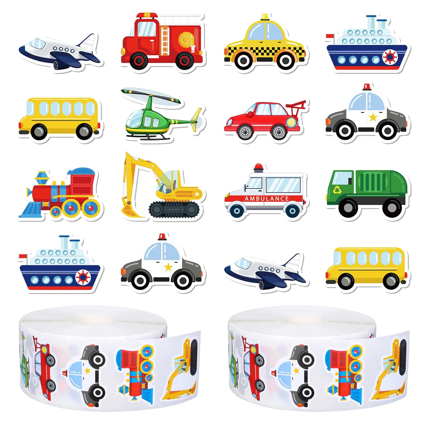 Whaline 1000Pcs Transportation Stickers Roll Transportation Vehicle Paper Decals Assorted Car Bus Truck Airplane Self-Adhesive Stickers for Toddler Kid Teaching School Home Party Supplies 2 Roll