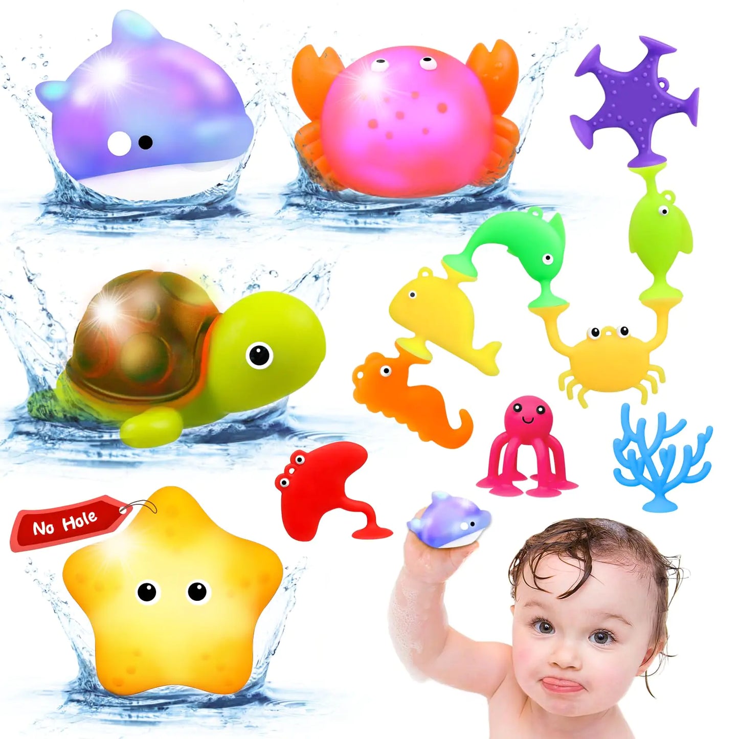 Baby Bath Toys for Kids Ages 1-3Mold Free Silicone Suction Cup Toys for Toddlers 2-4No Hole Light Up Ocean Animal Bathtub Sensory Toys for Babies 6-12 MonthsWhale Floating Toy Gifts for Boys Girls