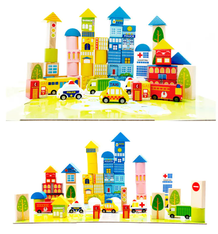62-Piece City Traffic Wooden Building Blocks Set