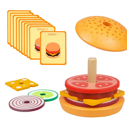 Wooden Burger Stacking Toys Montessori Toys for Toddlers Fine Motor Skills Toys Educational Learning Toys Play Food Kids Toys for Boys Girls 3 4 5 Years Old (Burger)