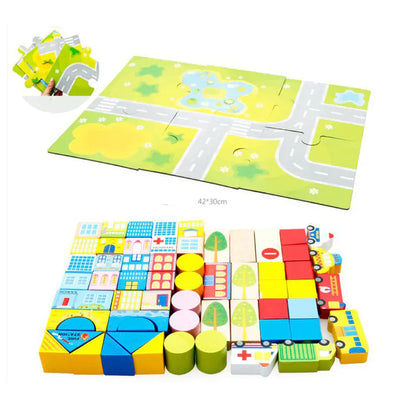 62-Piece City Traffic Wooden Building Blocks Set