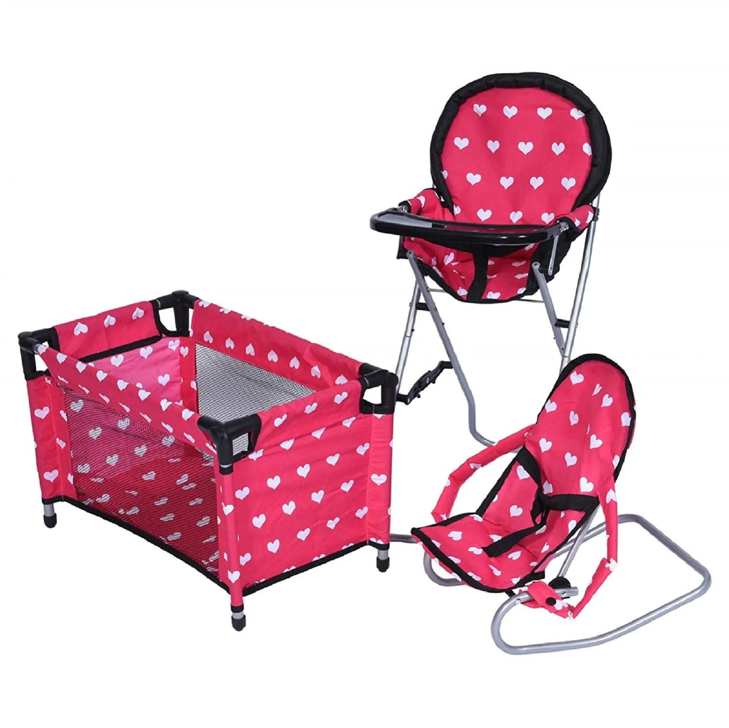 The New York Doll Collection Dolls Mega Play Set with Dolls High Chair 3-1 Doll Bouncer and Pack N Play Pink for 18-inch Dolls