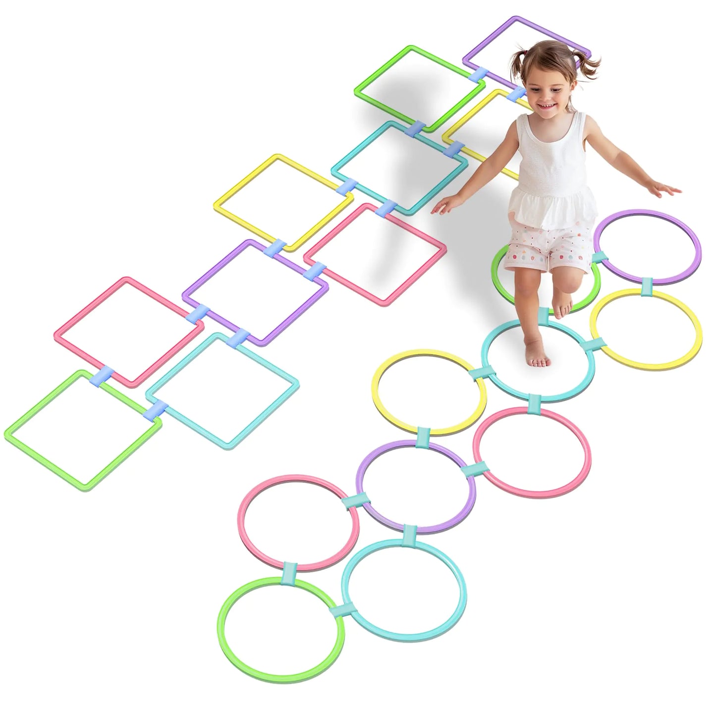Oranmew 2 Sets Hopscotch Rings 20 Plastic Square & Round Hoops with 30 Connectors for Toddlers Gross Motor Skills Indoor/Outdoor Agility Rings for Kids Playground Obstacle Courses(15 Inch Macaron)