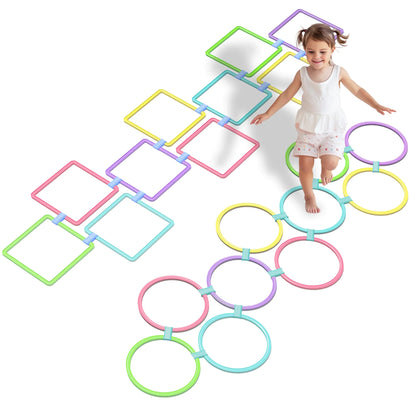 Oranmew 2 Sets Hopscotch Rings 20 Plastic Square & Round Hoops with 30 Connectors for Toddlers Gross Motor Skills Indoor/Outdoor Agility Rings for Kids Playground Obstacle Courses(15 Inch Macaron)