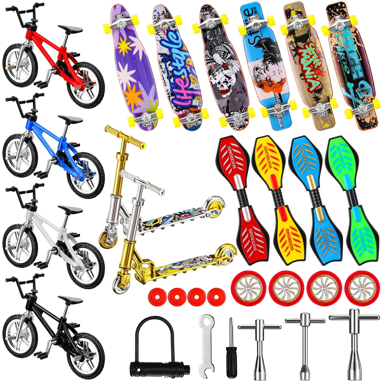 Skylety 31 Pieces Mini Finger Toys Set for Boy Girl Includes 6 Finger Skateboards 4 Finger Bikes 2 Mini Scooters 4 Swing Board 8 Matched Wheels 7 Tool Accessories Educational Toy Party Favor(Novel)