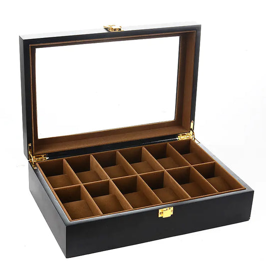 Black Matte Spray Finish 12-Slot Wooden Watch Box