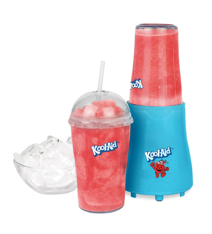 Nostalgia Kool-Aid Slush ‘N Go Personal Blender for Smoothies Slushies Shakes and Fruit Blends Includes Two 15 Oz Travel Bottles Cup Lid and Reusable Straw Blue