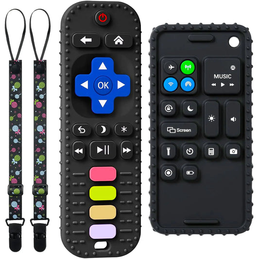TIEDXIOY Silicone Remote Control and Phone Shape Teething Toys for Baby 3-12 Months Silicone Chew Toys Teethers for Toddlers Boys Girls-2 Pack