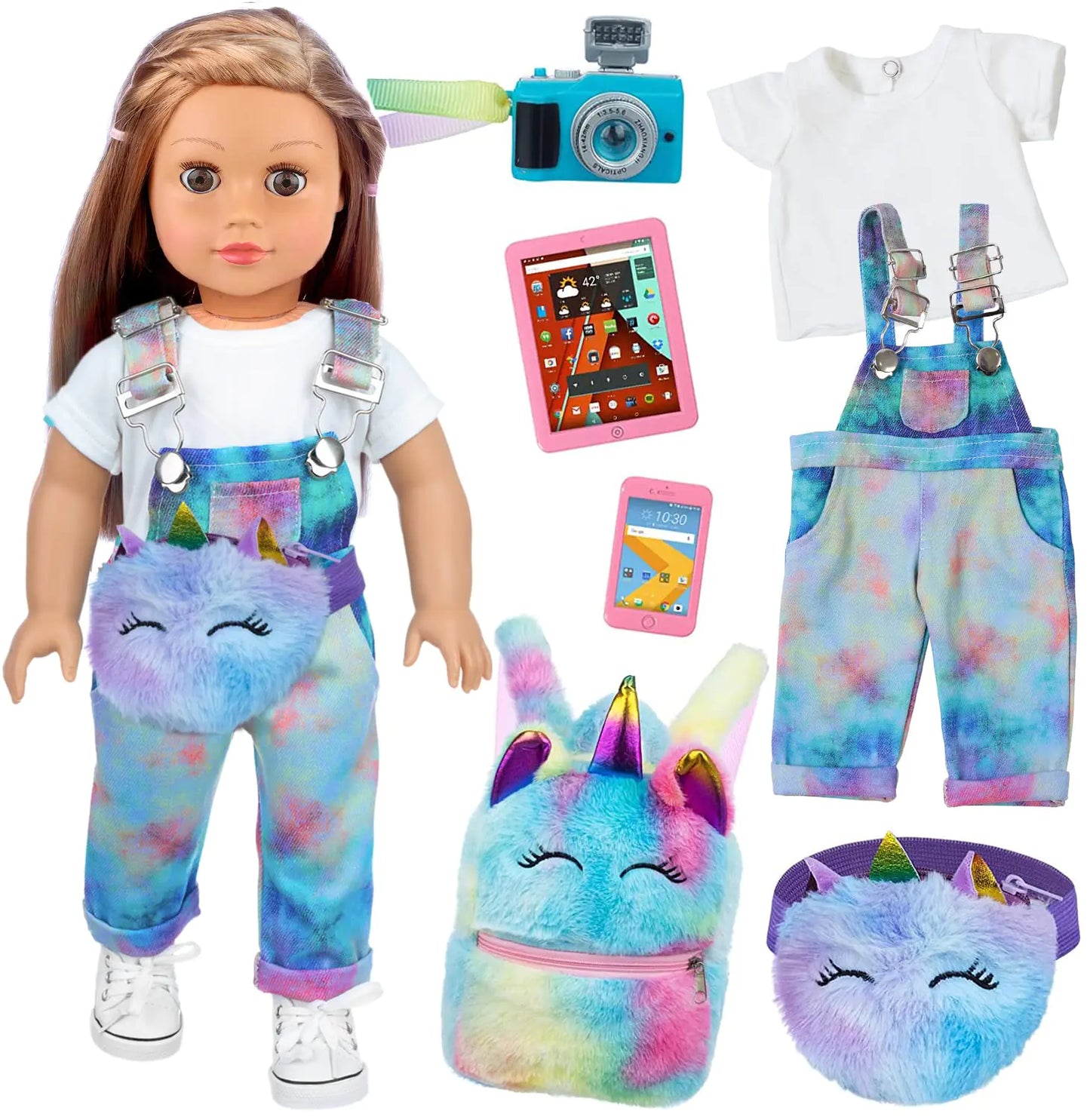 ZITA ELEMENT 7 Pcs American 18 Inch Doll Clothes and Accessories - 18 Inch Doll Clothes Set with Doll BackpackWaist BagCell PhoneTablet PhoneCamera (No Doll)