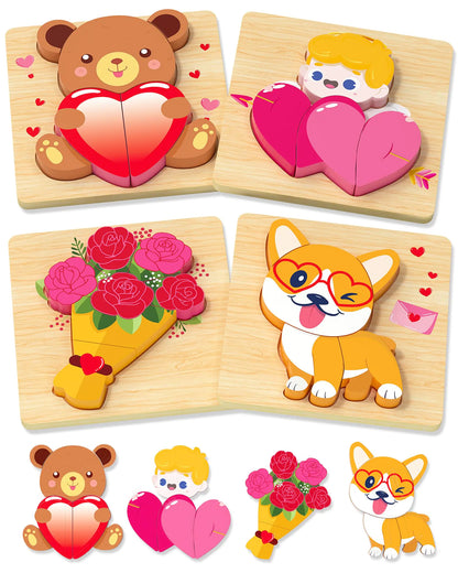 Benresive Valentines Day Wooden Toddler Puzzles Ages 1-3 Montessori Toys for 1 2 Year Old Boys Girls 4 Pack Valentines Day Toddler Toys Birthday Gifts for 1 2 Year Old Boys Girls