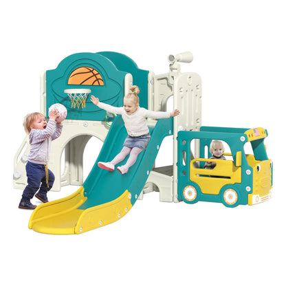 NYEEKOY 9-in-1 Toddler Slide Bus-Themed Baby Slide and Climber Playset with Basketball Hoop Ring-Toss Car Playhouse Kids Indoor and Outdoor Playground