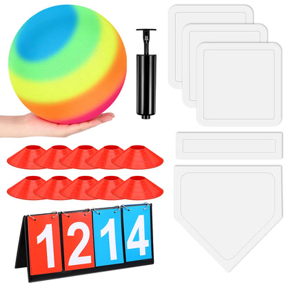 Jenaai 18 Pcs Sports Kickball Set Includes Playground Ball 5 Rubber Throw Down Bases Ball Pump Scoreboard Net Bag 10 Foul Line Cones for Kids Adults Playground School Backyard Game (Rainbow9 Inch)