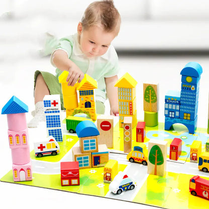 62-Piece City Traffic Wooden Building Blocks Set