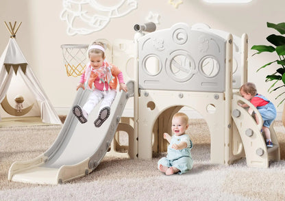 Babytronic Toddler Slide 8 in 1 Kids Slide with Basketball Hoop Telescope and Climber Baby Slide Toddler Playground Indoor Outdoor Playset for Toddlers Age 1-3 Kids Indoor Playground (White&Gray)