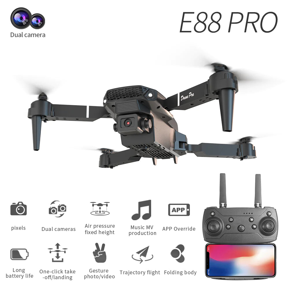 E88 Dual Camera WiFi FPV Drone – Foldable RC Quadcopter with Altitude Hold & Remote Control