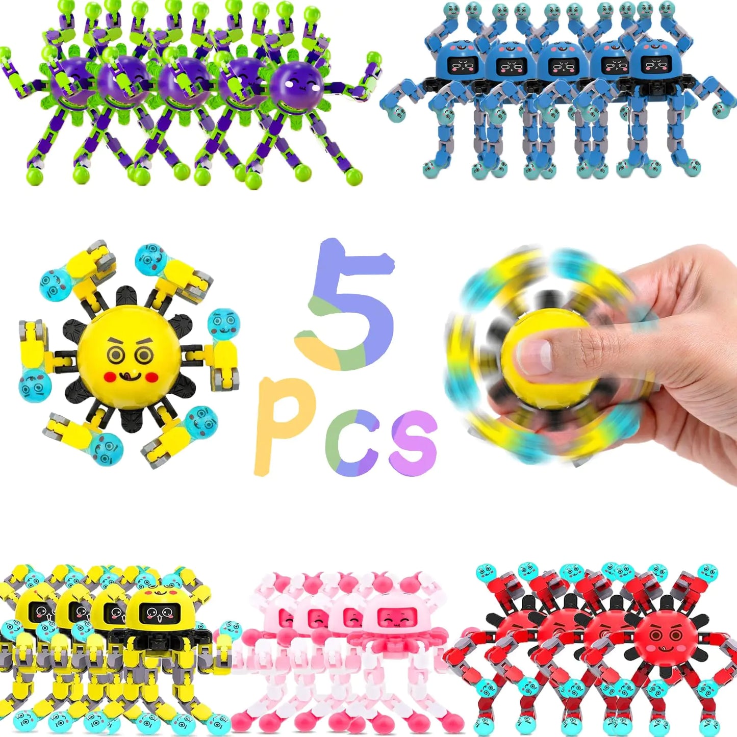 5 Pcs Transformable Fidget Spinner Toys for Kids & AdultsStress Relief Sensory Toys for Boys & Girls Fingertip Gyros for ADHD Autism for Birthday Gifts Party Favors Toy Christmas Stocking Stuffers