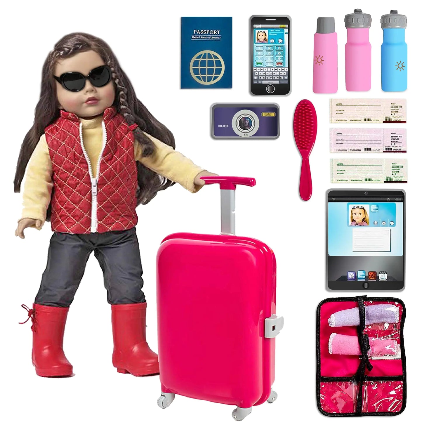 Beverly Hills Doll Collection 18 Inch Doll Accessories Play Travel Set - 16 Pcs Suitcase Luggage Carrier with Sunglasses Passport Tickets Camera and More Doll Not Included