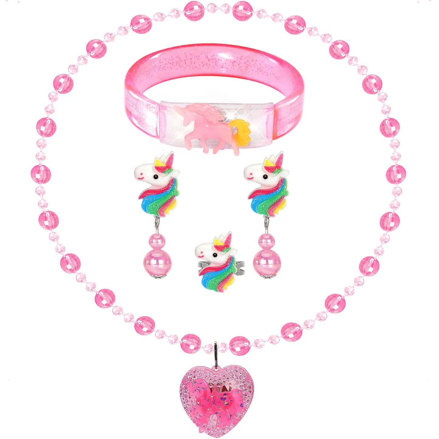 Jewelry Toys for Girls Unicorn Necklace Bracelet Clip On Earrings Adjustable Rings for Princess Dress Up Pretend Play Kids Play Jewelry Glow Costume Accessories Little Girl Christmas Birthday Gifts