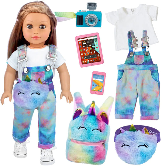 ZITA ELEMENT 7 Pcs American 18 Inch Doll Clothes and Accessories - 18 Inch Doll Clothes Set with Doll BackpackWaist BagCell PhoneTablet PhoneCamera (No Doll)