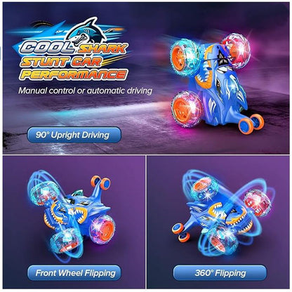 Remote Control Stunt Car Shark RC Kids Toy Outdoor 360° Rotating Boys and Girls - Blue