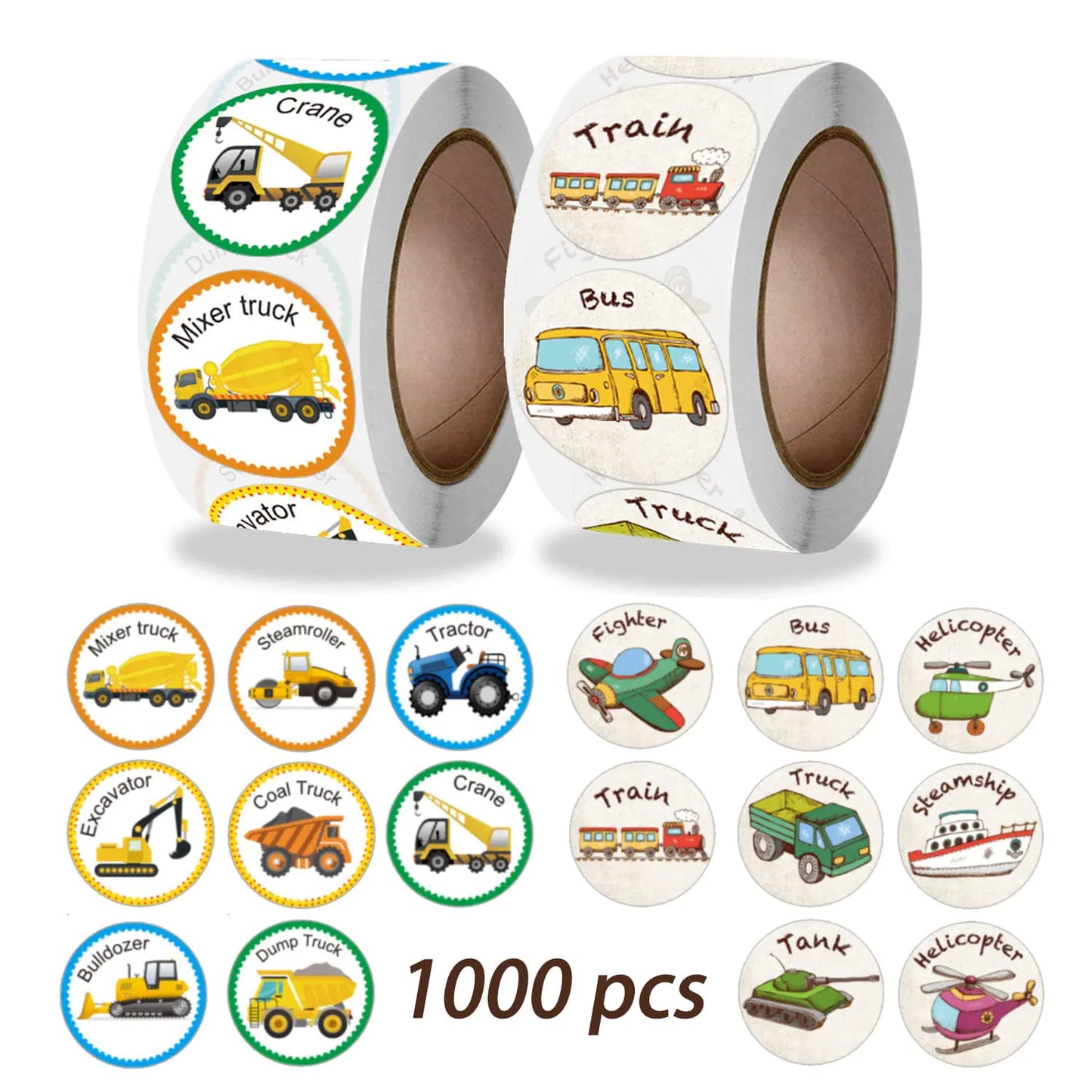 1000 Pcs Construction Stickers for Kids Roll Vehicle Car Kindergarten Rewards Stickers for toddlers Boy 2-4 years Truck Children Stickers Training Potty Stickers Stocking Stuffers for Kids Teens