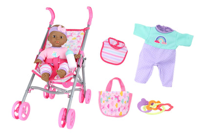 Gigo Dream Collection 12" Baby Doll Care Gift Set with Stroller - African American in Gift Box