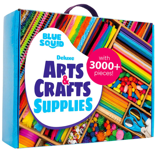 Blue Squid Arts & Crafts Chest - 3000+ pcs Deluxe Craft Supplies Box 2 Drawers 18 Compartments Sturdy Handle - Art Crafting Kit Christmas Gifts for Kids School Supply for Ages 4 5 6 7 8 9 10 11 12