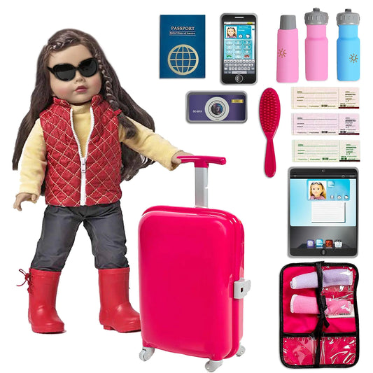 Beverly Hills Doll Collection 18 Inch Doll Accessories Play Travel Set - 16 Pcs Suitcase Luggage Carrier with Sunglasses Passport Tickets Camera and More Doll Not Included