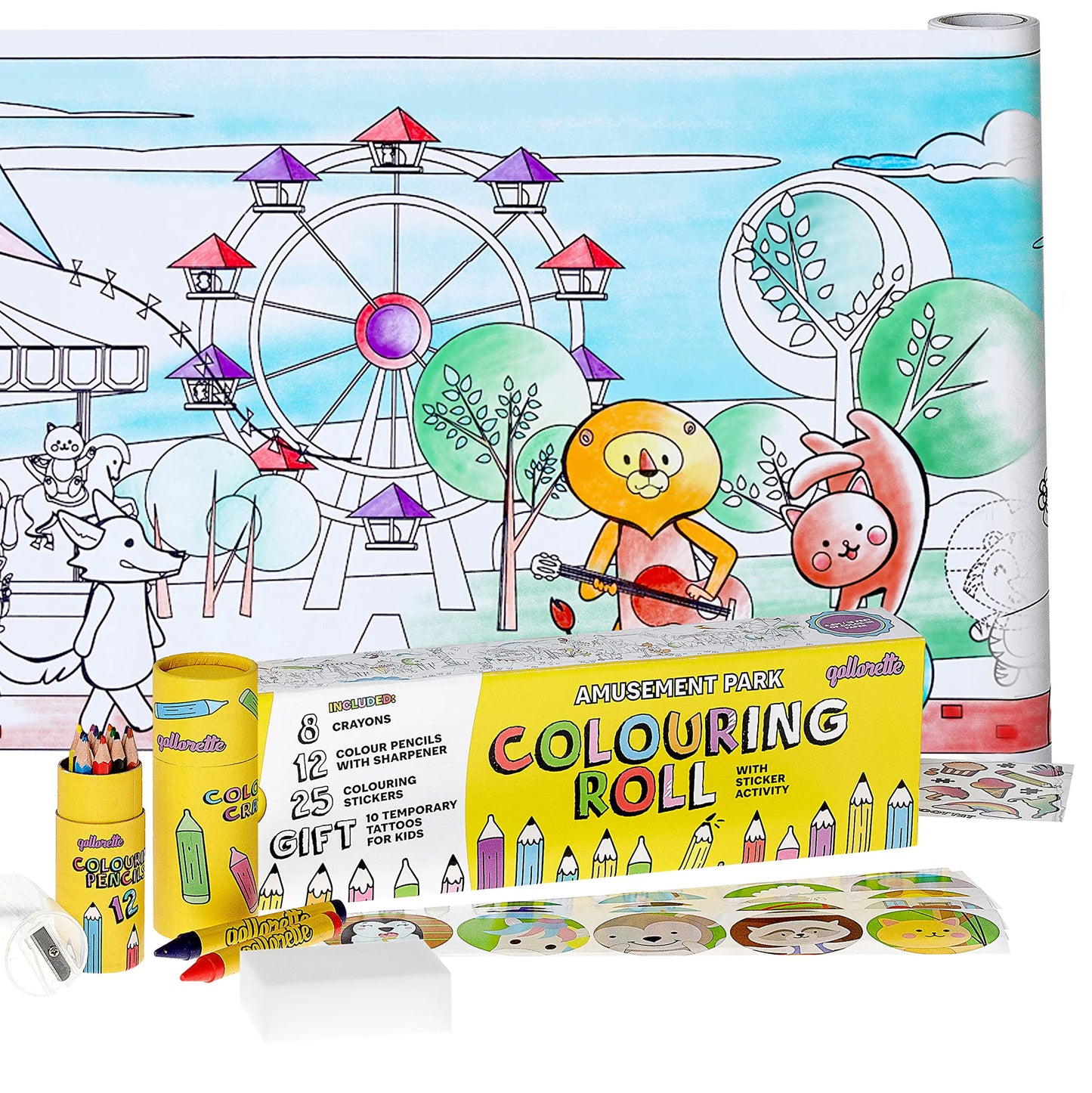 qollorette Colouring Set for Children Including Roll Colored Pencils Amusement Park Crayons and Stickers