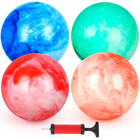AMOR PRESENT 4PCS Playground Balls for Kids 9 Inches Rainbow Dodgeballs Marbleized Bouncy Balls Rubber Inflatable Kickball with Air Pump for Indoor Outdoor Sport Games