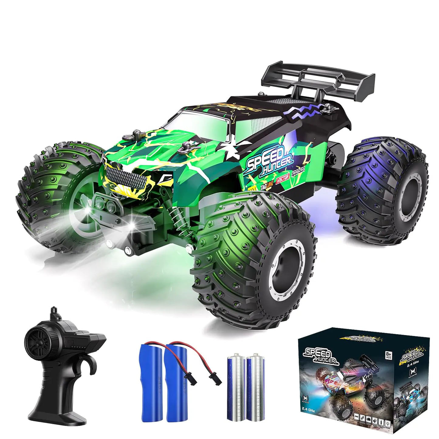 Vensico Remote Control Car RC Cars All Terrain Monster Truck Outdoor 2WD Off Road Hobby RC Truck with 2 Rechargeable Batteries and Colorful Light 20Km/h Fast RC Car Toys Gift for Kids Boys