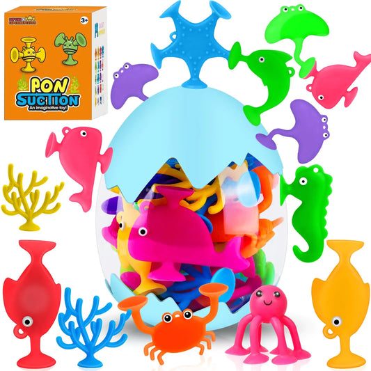 18PCS Suction Bath Toys for Toddler Kids Mold Free Silicone Ocean Animals Suction Cup Bathtub Toys No Hole Sensory Window Fidget Toys Fun Creative Gift for Boys Girls with Eggshell