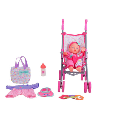 Dream Collection Baby Doll Care Gift Set with Stroller - Lifelike Baby Doll and Accessories for Realistic Pretend Play Posable Soft Toy - 12”