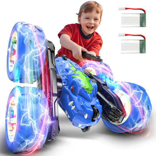 MOBI ONE Remote Control Car for Boys Age 4-7 Toys for Ages 5-7 8-13 Rechargeable RC Cars 360° Flip Double Sided RC Stunt Cars with Cool Light Dinosaur Toys for Kids Birthday Xmas Gifts Blue