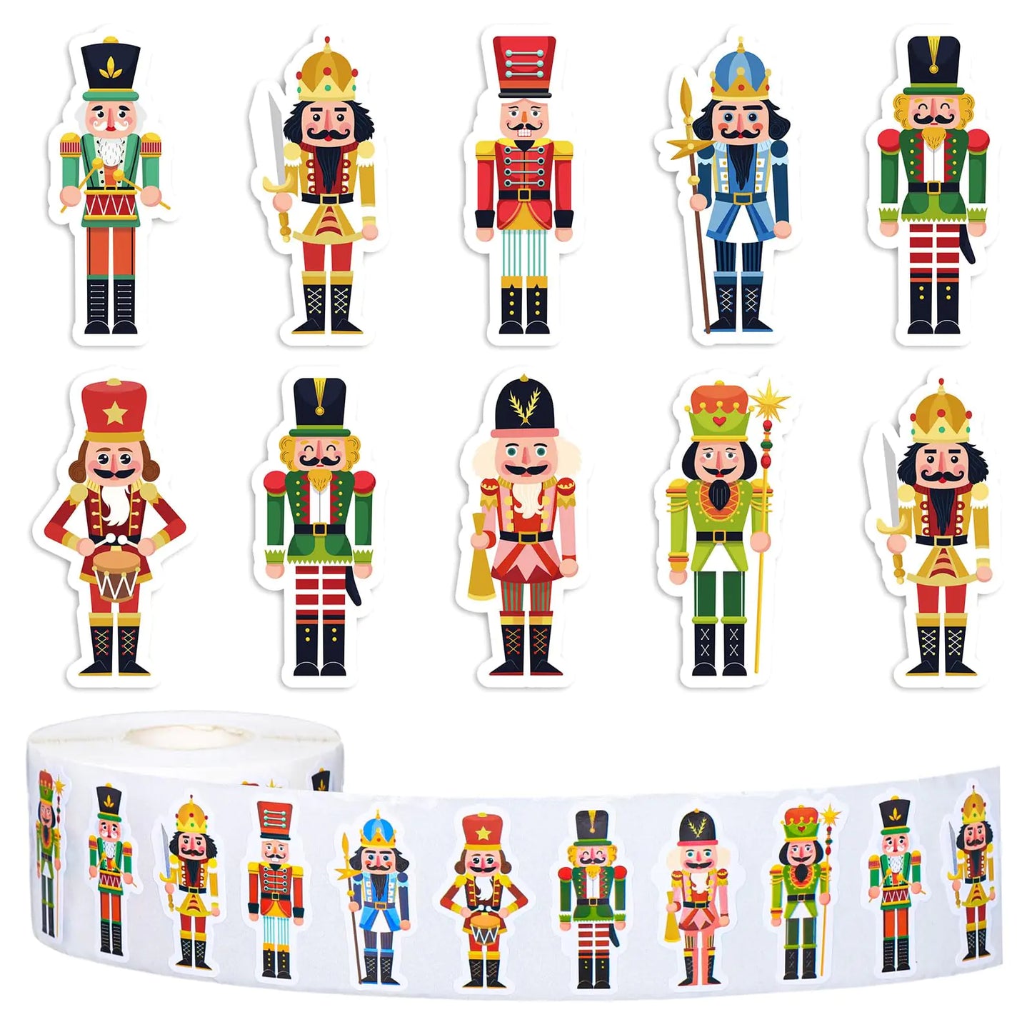 Whaline 1000Pcs Christmas Nutcracker Stickers Roll Xmas Cartoon Nutcracker King and Soldier Self-Adhesive Sticker Decals for Birthday Holiday Party Decor Supplies 8 Designs
