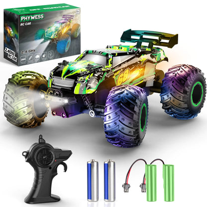 PHYWESS Remote Control Car RC Cars Toys for Boys 5-7 Off Road Kids Toys for Girls 2.4Ghz 20 KM/H Monster Truck Toys Cars Gifts for 6 Year Old Girl RC Truck with Car Body Lights & Headlights