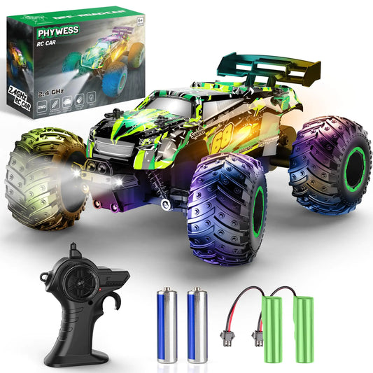 PHYWESS Remote Control Car RC Cars Toys for Boys 5-7 Off Road Kids Toys for Girls 2.4Ghz 20 KM/H Monster Truck Toys Cars Gifts for 6 Year Old Girl RC Truck with Car Body Lights & Headlights