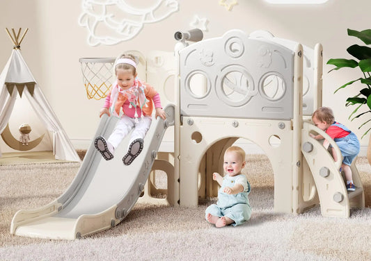 Babytronic Toddler Slide 8 in 1 Kids Slide with Basketball Hoop Telescope and Climber Baby Slide Toddler Playground Indoor Outdoor Playset for Toddlers Age 1-3 Kids Indoor Playground (White&Gray)