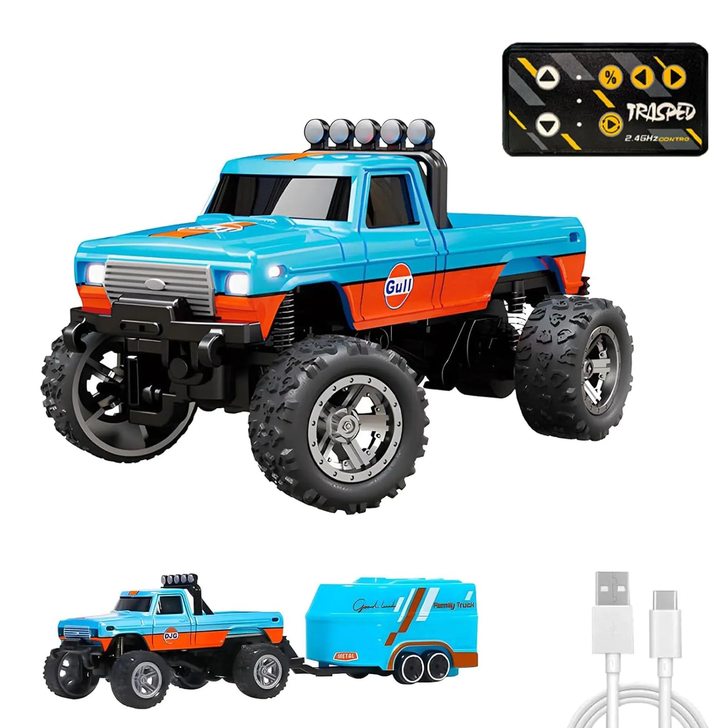 Edottbag Mini Rc Truck with Trailer Mini Rc Monster Truck Monster Truck Toys 2.4Ghz All Terrain Off-Road Monster Truck 1:64 Scale AlloySpeed/Steering AdjustableRemote Control Car (with Trailer)