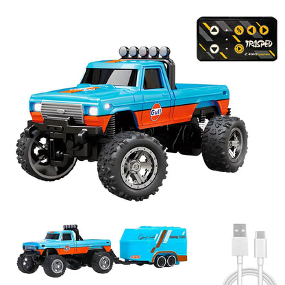 Edottbag Mini Rc Truck with Trailer Mini Rc Monster Truck Monster Truck Toys 2.4Ghz All Terrain Off-Road Monster Truck 1:64 Scale AlloySpeed/Steering AdjustableRemote Control Car (with Trailer)
