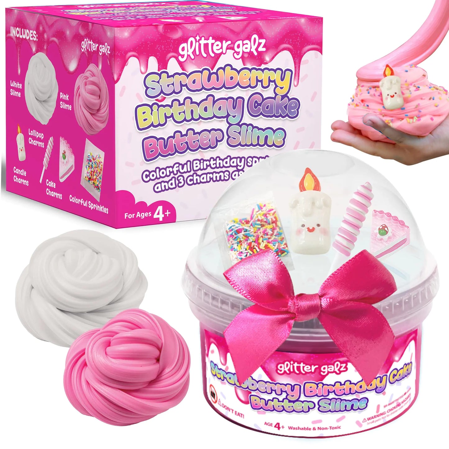 Glitter Galz Butter Slime Kit (Pink) - Birthday Slime for Kids - Non-Sticky Slime Pack with Sprinkles & Charms - Toys for Girls & Boys - Birthday Gift and Party Favors - Includes a Bday Gift Card