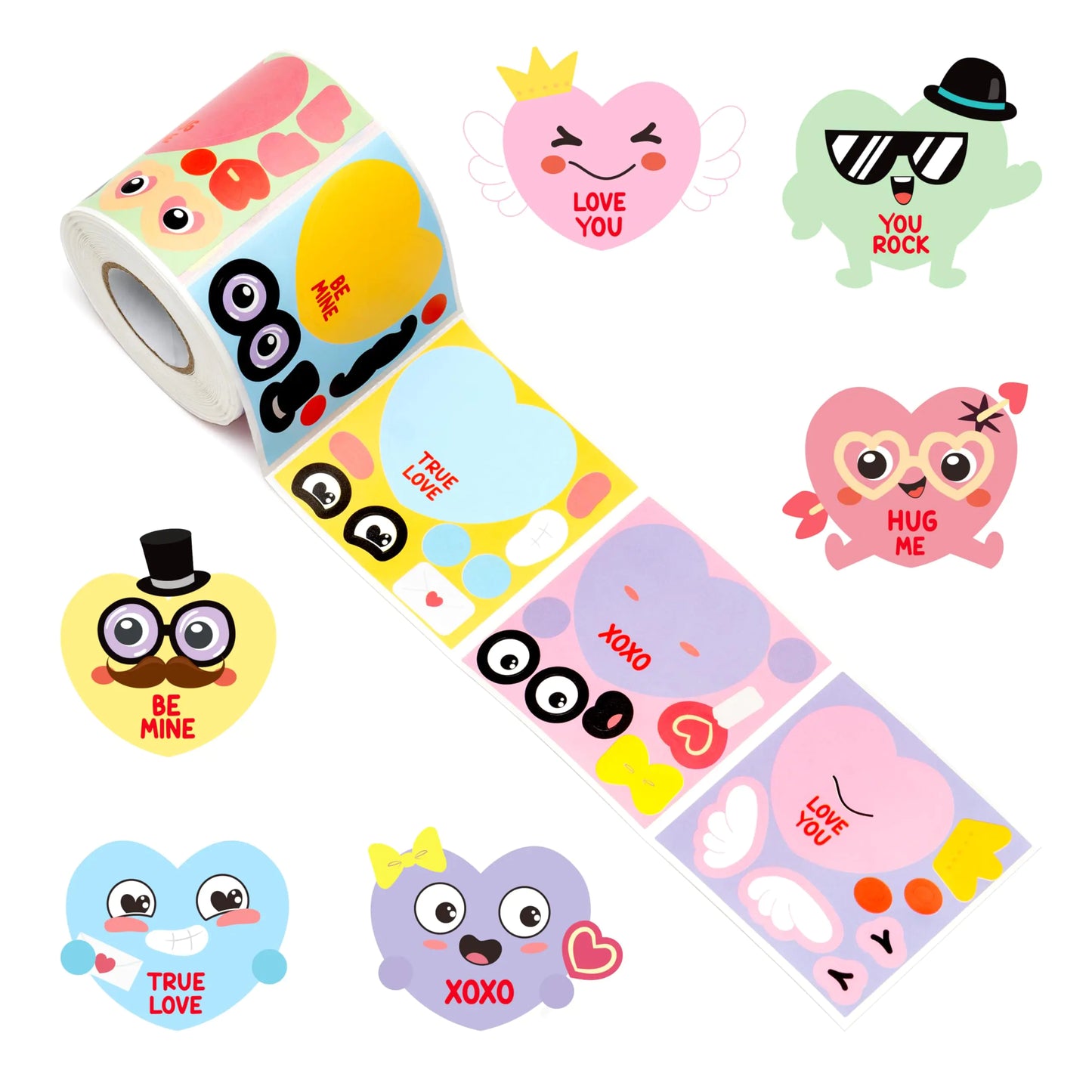 Valentines Conversation Heart Make A Face Stickers - ANGOLIO 300Pcs Scene Roll Make Your Own Valentines Day Roll Stickers Heart Shape Stickers for Kids Valentines Day Decor Classroom Exchange Gift
