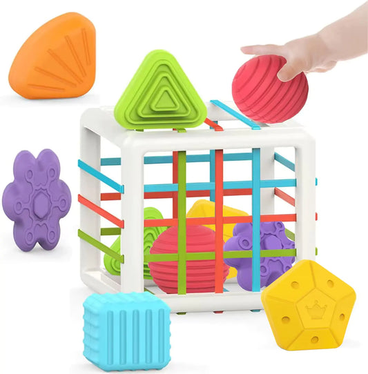 MINGKIDS Montessori Toys for 1 Year OldBaby Sorter Toy Colorful Cube and 6 Pcs Multi Sensory ShapeDevelopmental Learning Toys for Girls Boys Easter GiftsBaby Toys 18 Months
