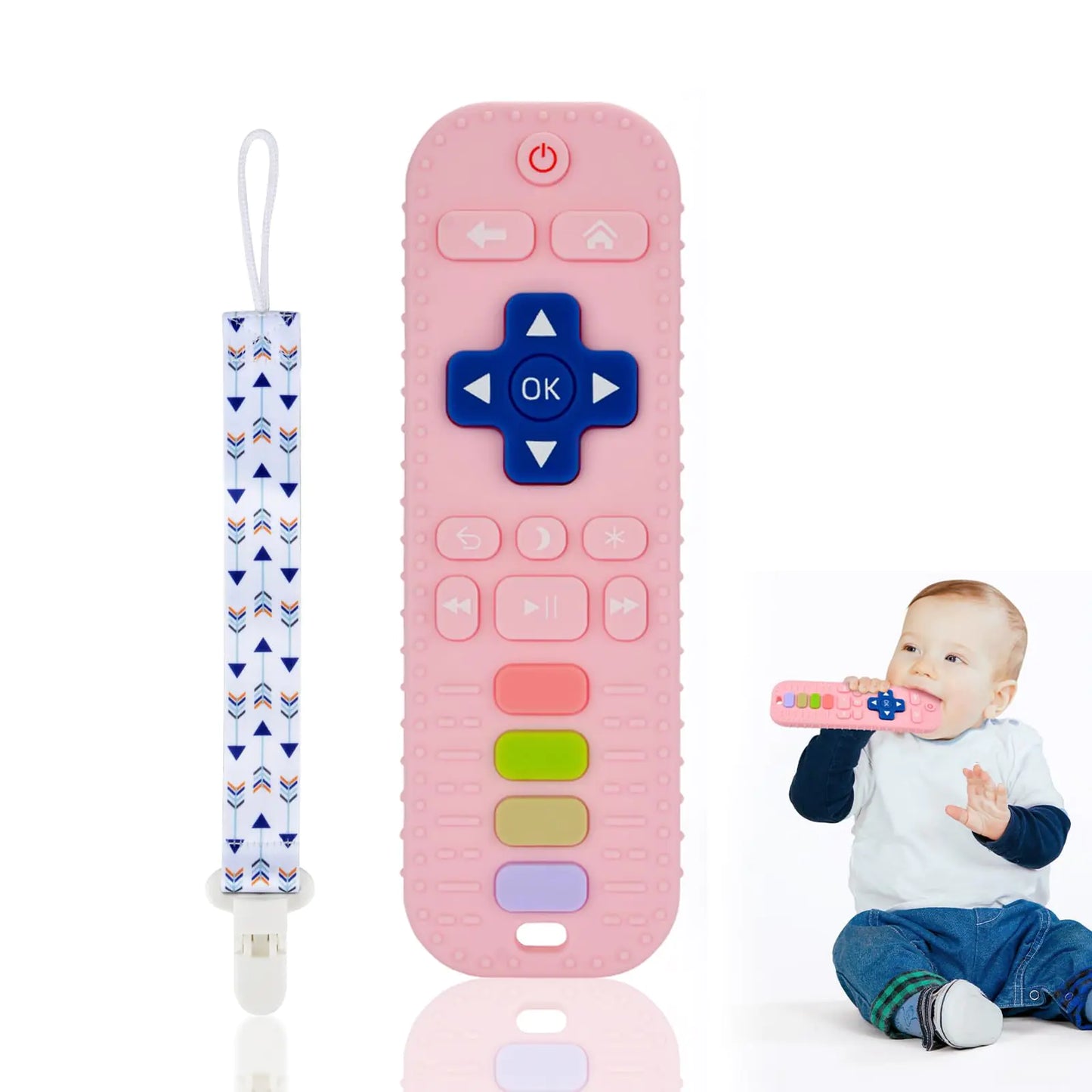 Baby Silicone Teething Toys Simulation TV Remote Control Shape Teether Toys for Toddlers 3-18 Months Boys Girls Baby Teething Toys Baby Chew Toys Freezer BPA Free Pink